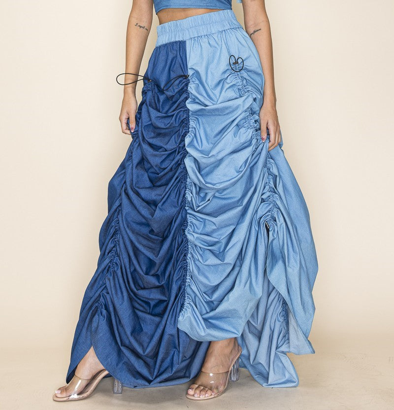 Denim Maxi Drawstring Skirt