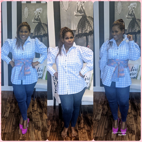 Blue & White Plaid Top w/Waist Band